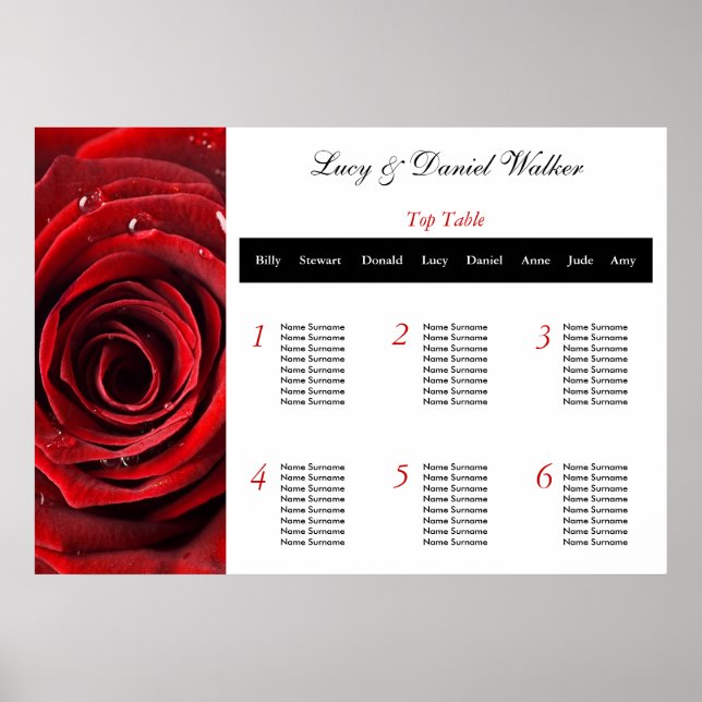 Red Rose Wedding Seating Table Plan Poster (Front)
