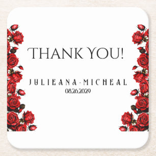 Red rose wedding square paper coaster