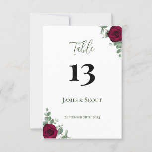 Red Rose Wedding Table Number