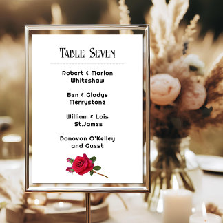 Red Rose Wedding Table Number Name List Card