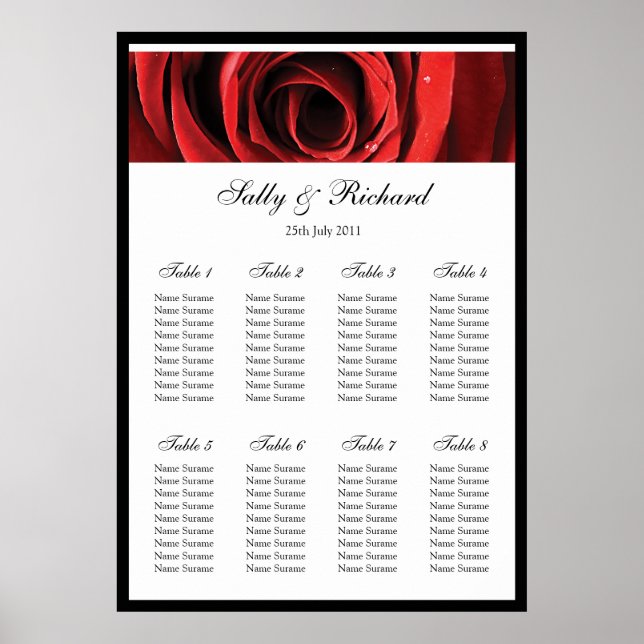 Red Rose Wedding Table Seating Plan Poster (Front)