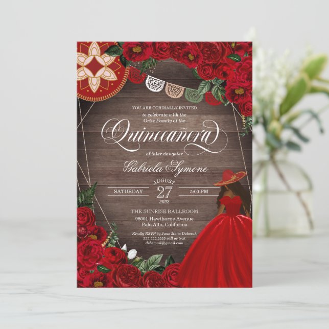 Red Rose Western Charra Mariachi Quinceañera Invitation (Standing Front)