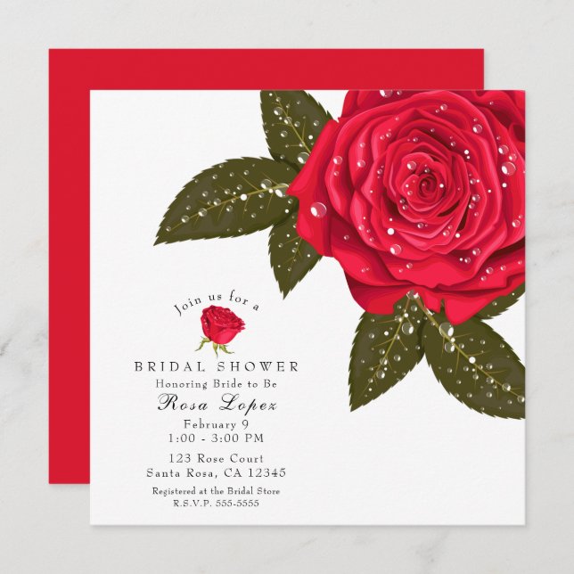 Red Rose Wet Water Dewdrops Bridal Shower Invitation (Front/Back)