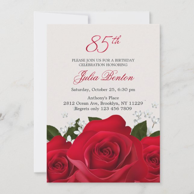 Red rose, white flowers 85th Birthday Invitation (Front)