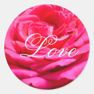 Red rose & white LOVE text Classic Round Sticker