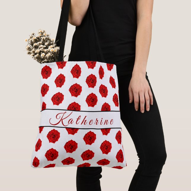 Red Rose White Personalised Tote Bag (Close Up)