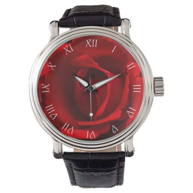 Red Rose White Script Roman Numbers wacnm Watch (Front)