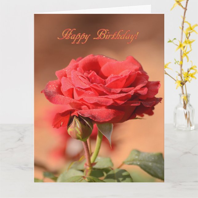 Red Rose with Bud Happy Birthday  Card (Yellow Flower)