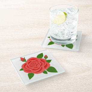 Red Rose With Buds Beverage Glass Coaster