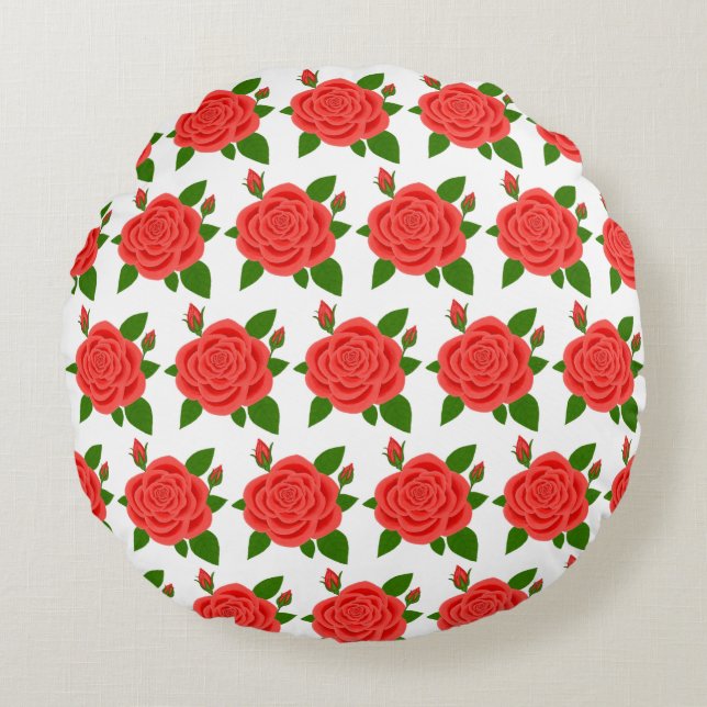 Red Rose with Buds White Round Pillow (Front)