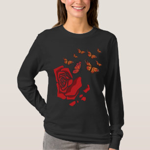 Red Rose With Butterflies Garden Gardener Flowers T-Shirt