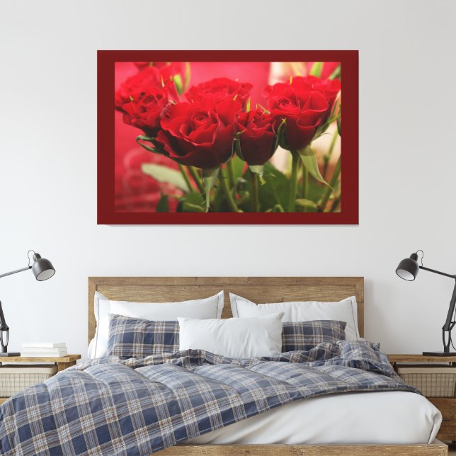 Red Rose with Leaves Dark Red Background Premium  Canvas Print (Insitu(Bedroom))
