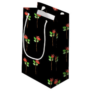Red rose with leaves on black small gift bag