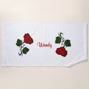 Red Rose with Name Beach Towel
