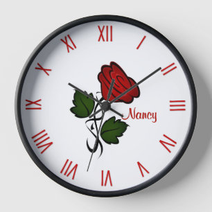 Red Rose with Name Roman Numerals Clock