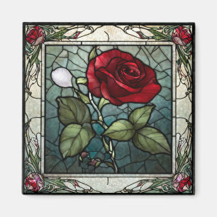 Red Rose with Vine Border 2 Stained-Glass Look Magnet