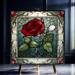 Red Rose with Vine Border Stained-Glass Look Tile<br><div class="desc">The Red Rose with Vine Border Stained-Glass Look Ceramic Tile features a single elegant red rose on a background of grey-blue with a rose vine border. This tile has an antique stained-glass look done in the Art Neveau style. This design is also available in a mirror image. There are many...</div>