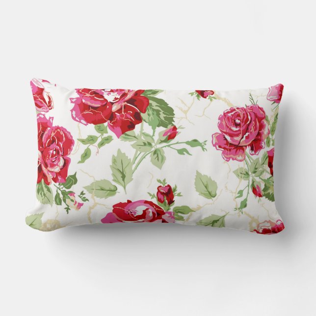 Red rose with white background print lumbar pillow (Front)