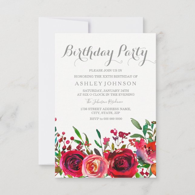 Red Rose Womans Birthday Party Invitation (Front)