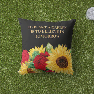 Red Rose Yellow Sunflower Black Garden Quote Outdo Cushion