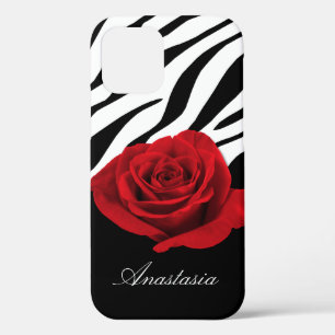 Red Rose Zebra Print personalised iPhone 12 Case
