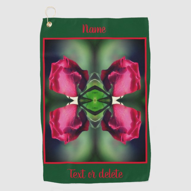 Red Rosebud Bending Abstract Personalised Golf Towel (Front)