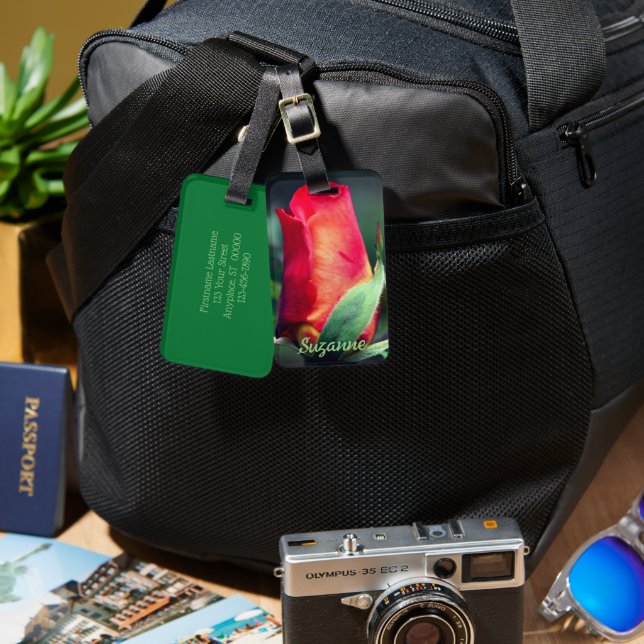 Red Rosebud Flower Personalised Luggage Tag (Front & Back)