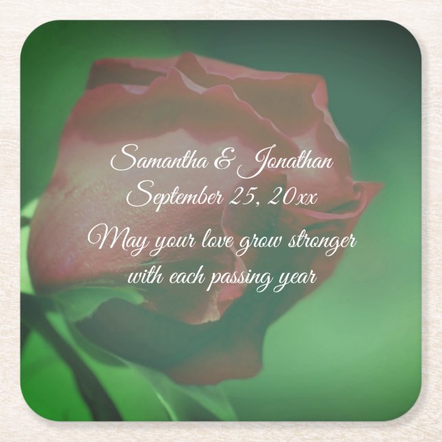 Red Rosebud Flower Personalised Wedding  Square Paper Coaster (Front)