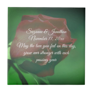 Red Rosebud Flower Personalised Wedding  Tile
