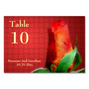 Red Rosebud Flower Personalized Wedding  Table Number