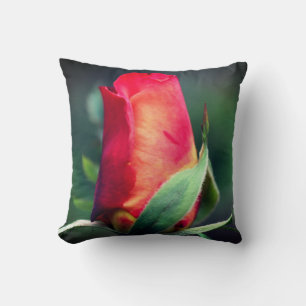 Red Rosebud Flower With Yellow Highlights Close Up Cushion