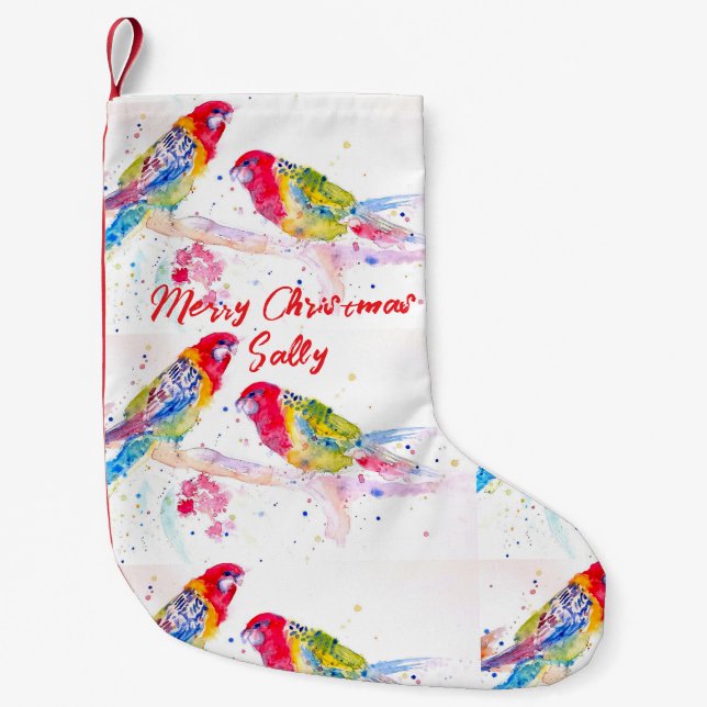 Red Rosella Parrot Parrots Birds Watercolor  Small Christmas Stocking (Front)