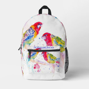 Red Rosella Parrot Watercolor Parrots Boys Name Printed Backpack