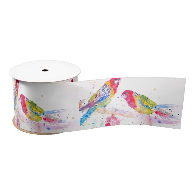 Red Rosella Parrot Watercolour Painting Teal Satin Ribbon (Spool)