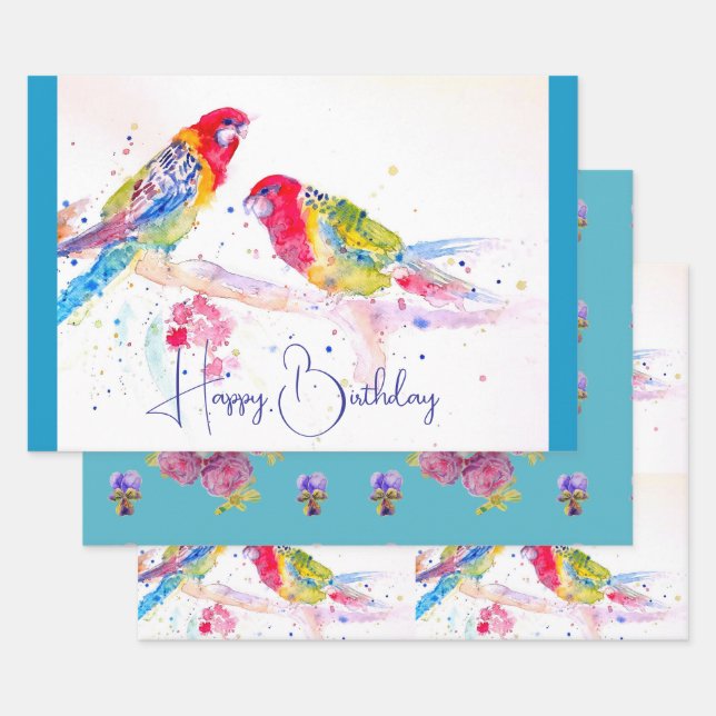 Red Rosella Parrot Watercolour Painting Teal Wrapping Paper Sheet (Set)