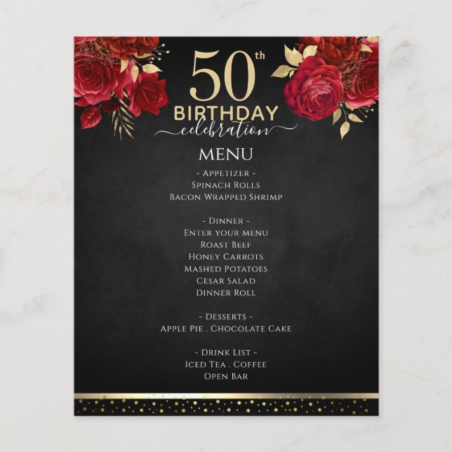 Red Roses 50th Birthday Celebration Menu (Front)