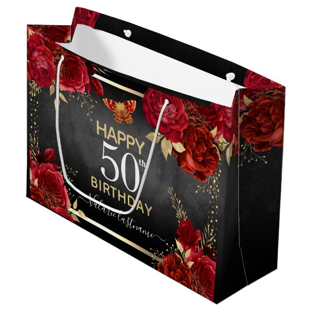  Red Roses 50th Birthday Large Gift Bag (Front Angled)