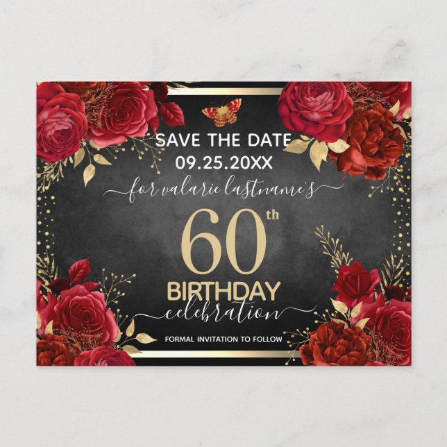 Red Roses 60th Birthday Save the Date Postcard (Front)