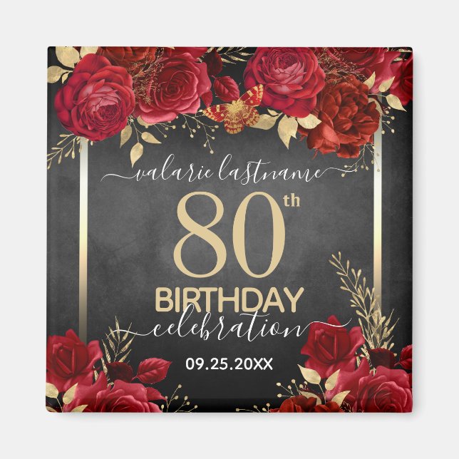 Red Roses 80th Birthday Save the Date Magnet (Front)