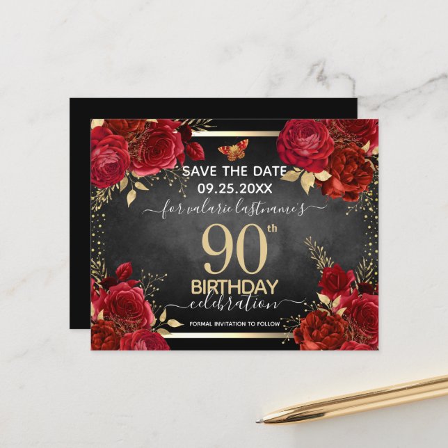  Red Roses 90th Birthday Save the Date Budget (Front/Back In Situ)