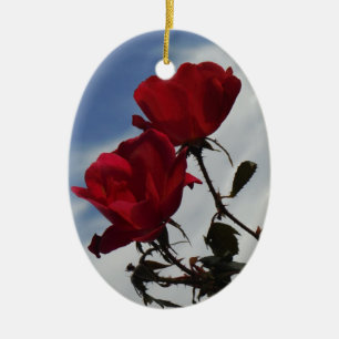 Red Roses Against a Bright Blue Sky Ceramic Tree Decoration