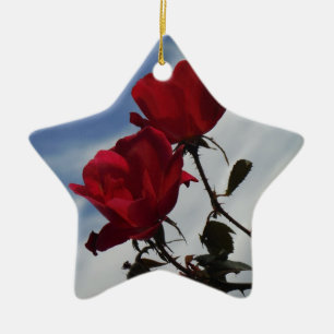 Red Roses Against a Bright Blue Sky Ceramic Tree Decoration