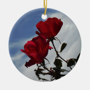 Red Roses Against a Bright Blue Sky Ceramic Tree Decoration