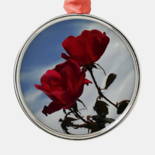 Red Roses Against a Bright Blue Sky Metal Tree Decoration