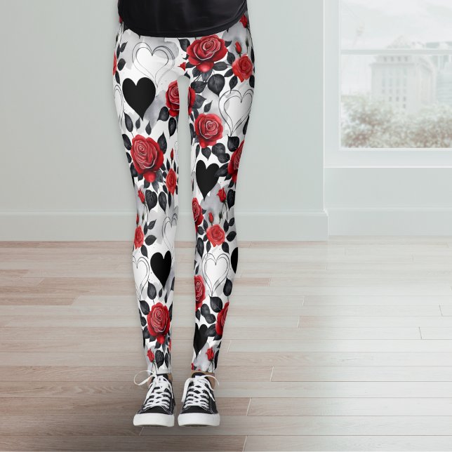 Red Roses and Black Hearts Romantic Patterned Leggings (Stylish leggings with a pattern of rose flowers and hearts in black, white, gray and red)