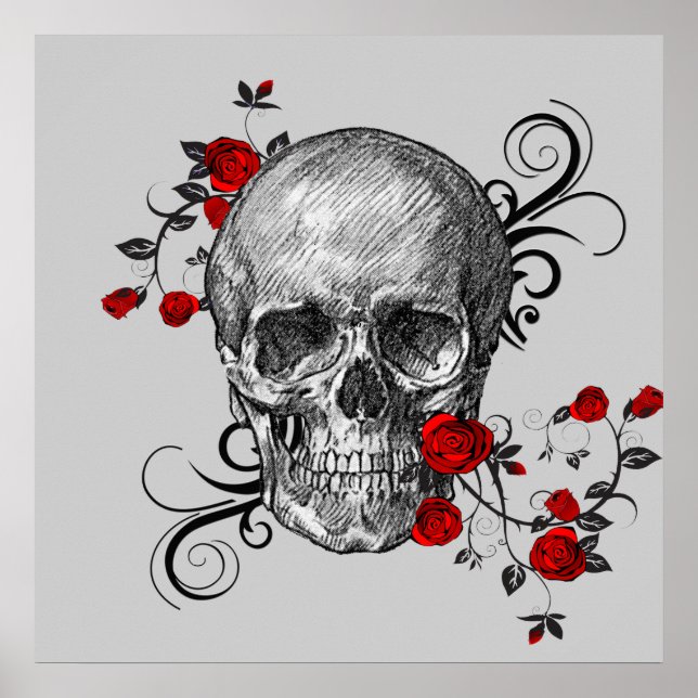 Red Roses and Black Skull Poster (Front)