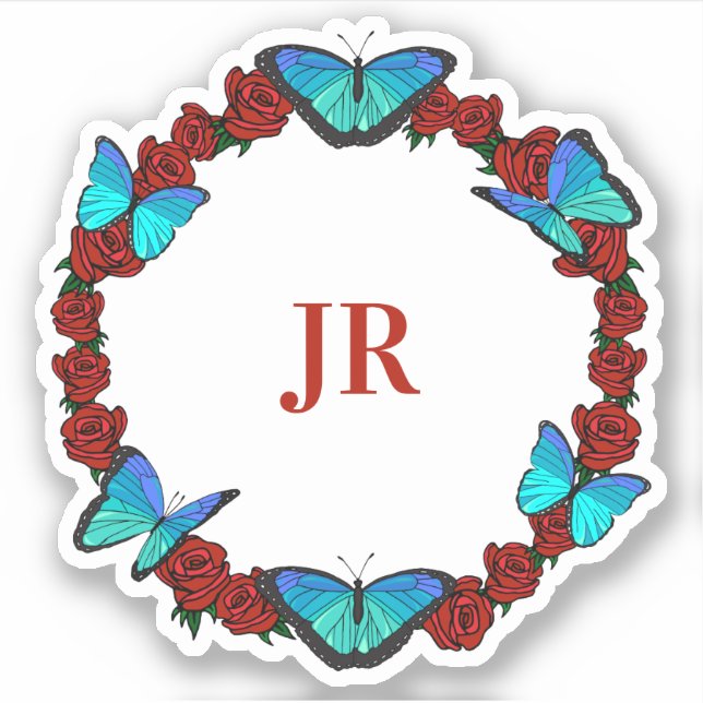 Red Roses and Blue Butterflies Monogram Wreath (Front)