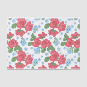 Red Roses and Blue Flowers Illustrations Pattern Tissue Paper