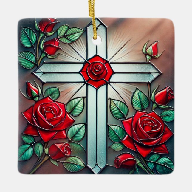 Red Roses and Cross Ornament Suncatcher (Front)