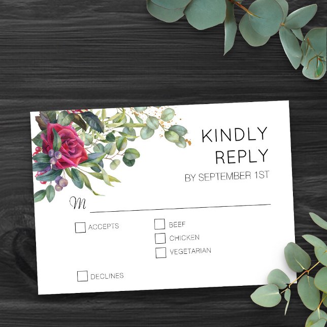 Red Roses and Eucalyptus Floral Wedding RSVP Card (Romantic floral wedding RSVP card with entrees, from my Red Rose and Eucalyptus Wedding Collection)